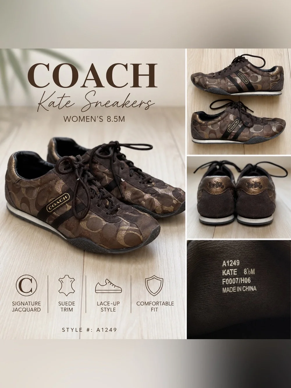 Coach Kate Signature Jacquard Sneakers Brown Bronze Lace Up Shoes Women’s 8.5M